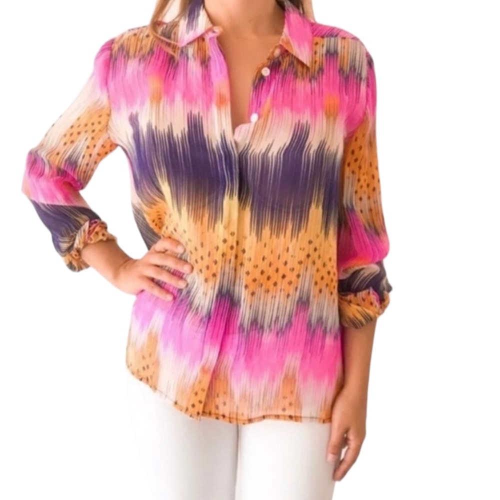 Anthropologie Leifsdottir Sani Silk Colorful Geo Print Semi Sheer Blouse - 10